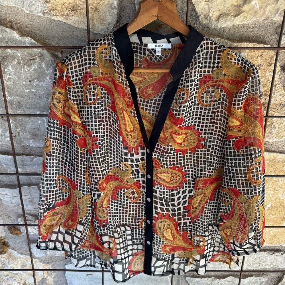 Nicola Sheer Blouse size medium funky/ retro Y2K